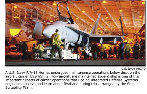 A U.S. Navy F/A-18 Hornet undergoes maintenance operations