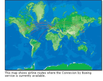 map showing airline routes where the Connexion by Boeing service iscurrently available